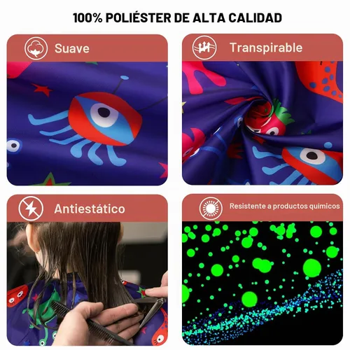 Vista 3 de Capa de peluquería para niños con cepillo para el cuello, capa profesional de corte de pelo con cierre a presión ajustable