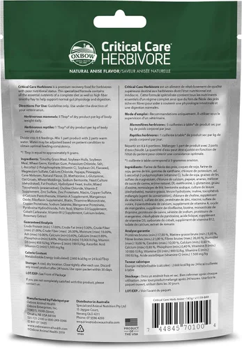 Vista 2 de Oxbow Cuidados Críticos Herbívoros, Conejos y Cuineas Recuperación, Anís, 4.97 oz Critical Care, Emergency Food, Complete Recovery Diet, Rabbits