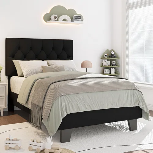 Vista 8 de iPormis Marco de cama tapizado tamaño twin con cabecera capitoné con botones, cama de plataforma de lino con patas de soporte engrosadas, diseño