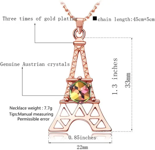 Vista 2 de Collar con colgante de torre Eiffel de París para mujer, chapado en oro rosaplatino
