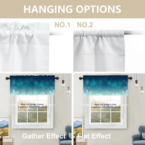 Vista 4 de Cenefas de cocina de copos de nieve de invierno para ventanas, cenefas opacas de copos de nieve de Navidad azul turquesa, cortinas de poliéster