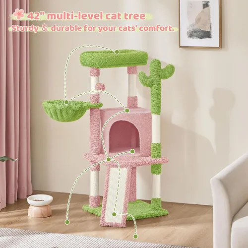Vista 26 de Yaheetech - Torre de árbol de cactus beige de 42 pulgadas con postes rascadores y condominio