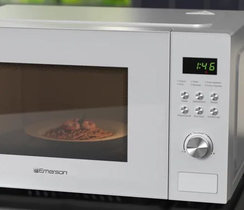 Vista 6 de Emerson MW1101W Horno microondas para encimera con control de botón, pantalla LED de 1000 W, 10 niveles de potencia, 6 menús automáticos, plato
