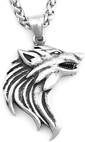Vista 4 de Colgante de lobo Fenrir vikingo, regalo para hombres y mujeres, cadena de acero inoxidable, amuleto de plata potente talismán