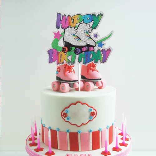 Vista 5 de Patín de ruedas Happy Birthday Cake Topper Colorido Rolling Retro Girl Club Hip Hop Tema Fiesta Pastel Decoración Suministros para Niñas