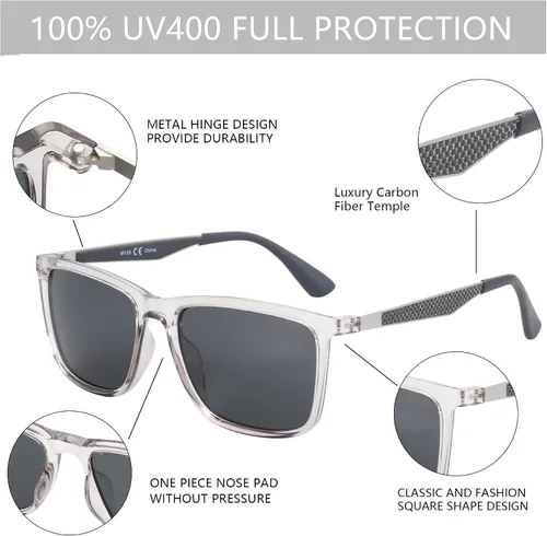 Vista 5 de ZENOTTIC Lentes de sol polarizados para hombre, cuadrados, ultraligeros, marco de fibra de carbono, protección UV400, gafas de sol clásicas