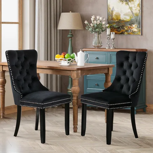 Vista 29 de Juego de 2 sillas de comedor tapizadas de tela de lino, sillas de cocina modernas de mediados de siglo con respaldo alto, ribete de cabeza de clavo