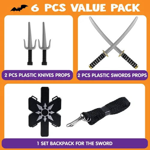 Vista 2 de Spooktacular Creations Ninja Swords, Backpack Weapon Toy Set with Swords and Knives for Kids, Ninja Costume Accessories for Cosplay, Dress-up Party