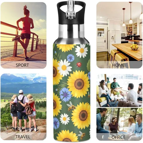 Vista 5 de BPA-Free Sports Water Bottle 32 Oz, Insulated Water Bottle for Gym Outdoor Travel School, Yellow Sunflowers