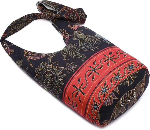 Vista 3 de Bolsa de hombro para mujer, de lona en estilo hippiebohemio para llevar cruzada al hombro, disponible en diferentes colores y estampados