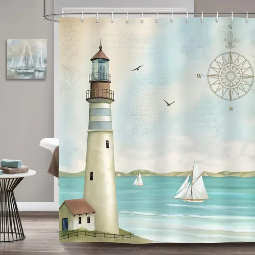 Vista 2 de Cortina de Ducha Bonhause Lighthouse, Decoración de Baño Náutica Costera con Velero y Brújula, 72 x 72 Pulgadas, Tela de Poliéster Impermeable