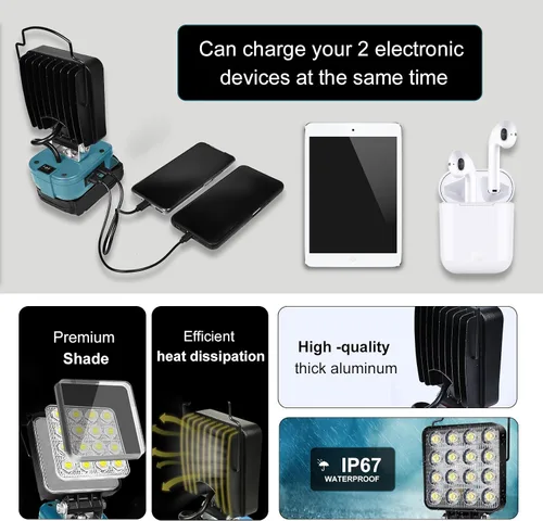 Vista 4 de Luz de Trabajo LED Inalámbrica Compatible con Batería Makita de 18V, Linterna de 48W 3400LM Luz de Inundación Portátil con Puertos USB y Tipo C