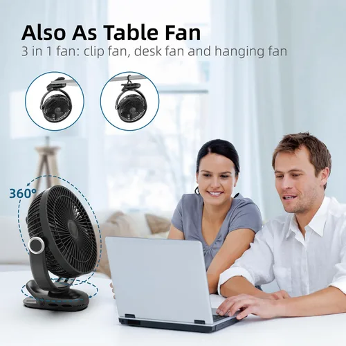 Vista 6 de Ventilador portátil recargable de 10000 mAh, 30 horas, ventilador de clip de 8 pulgadas operado por batería, ventiladores USB, 4 velocidades, fuerte