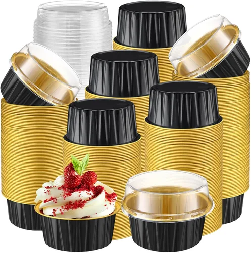 Vista 24 de Gejoy - 400 tazas para hornear de papel de aluminio con tapas, 5 onzas, clásico, negro