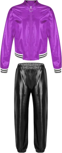 Vista 3 de YiZYiF Conjunto de ropa de baile para niños y niñas, disfraz de hip hop, jazz, chaqueta bomber metálica brillante con pantalones de cintura alta