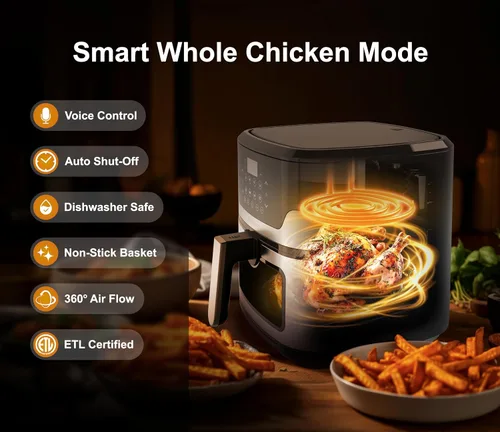 Vista 5 de Emerson Freidora de aire SmartVoice de 5.3 cuartos de galón, más de 1000 comandos de voz, cocina digital 6 en 1, diseño compacto de encimera, cocina