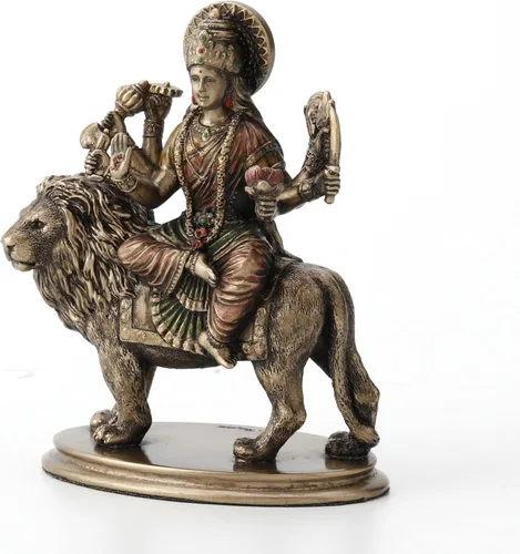 Vista 3 de Veronese Design 3 3/4 "Diosa hindú Durga montando en león en miniatura estatua de resina pintada a mano