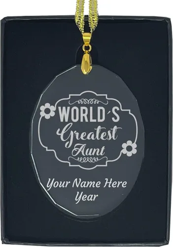 Vista 8 de LaserGram Adorno de Navidad de vidrio personalizado, tía más grande del mundo, idea de regalo grabada con láser personalizada (forma redonda)