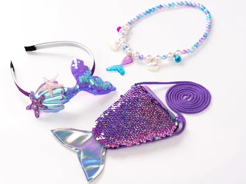 Vista 4 de Funna Disfraz de Sirenita para niñas, disfraz de princesa con accesorios y peluca
