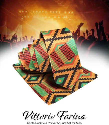 Vista 35 de Juego de corbata Kente con estampado africano y animal y pañuelo de bolsillo a juego