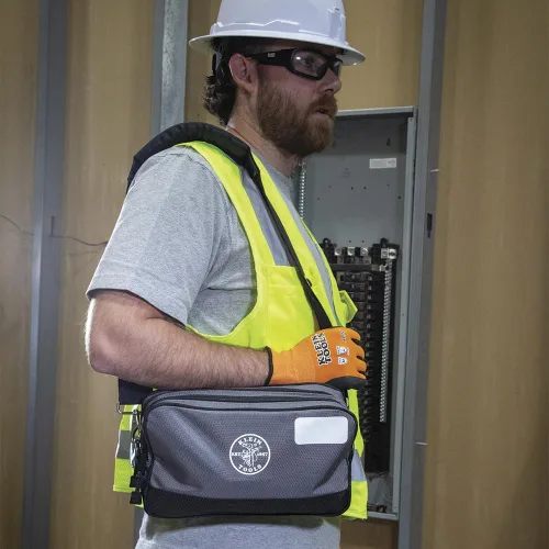 Vista 9 de Klein Tools Bolsa de herramientas, compartimentos dobles, organizador de bolsas de herramientas de alta resistencia, bolsa multiusos Gris