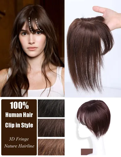 Vista 2 de Parte media parte de seda parte base cabello humano Topper 2.8x3.9 in frente recto clip en postizo con flecos Wispy 7.9 in negro apagado