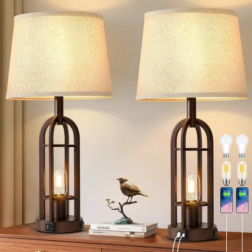 Vista 11 de SRJJA Juego de 2 lámparas de mesa negras para sala de estar, lámparas de granja para mesitas de noche con USB A+C, lámparas de noche