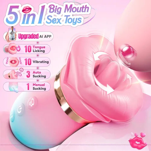 Vista 2 de Vibrador de juguete sexual para adultos para mujeres – Sovokn 5 en 1 vibrador de succión bucal rosa juguete sexual 10 lamiendo la lengua, 3 juguetes