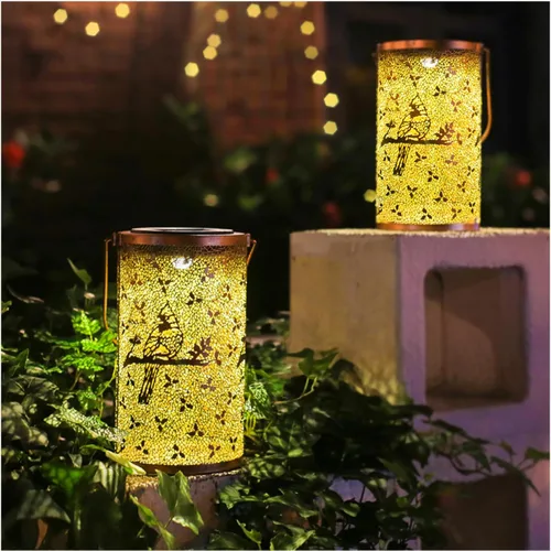 Vista 10 de Paquete de 2 linternas solares colgantes de abejas al aire libre, impermeables, luces LED solares de metal, linternas decorativas para jardín