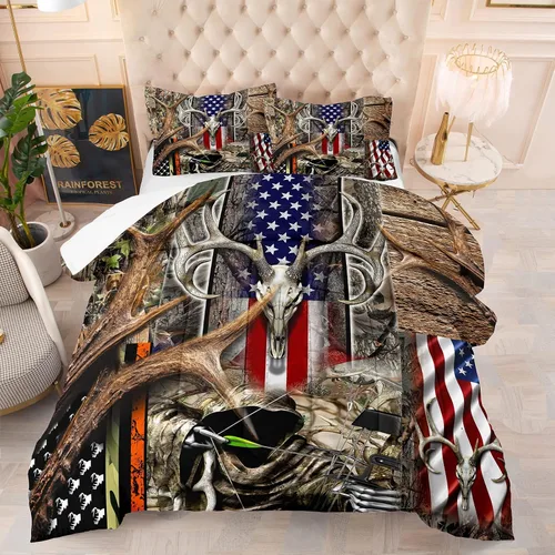 Vista 16 de Tailor Shop - Juego de edredón con bandera americana para niños y adolescentes, jungla, aventura occidental, caza, cráneo de madera, ciervo, juego