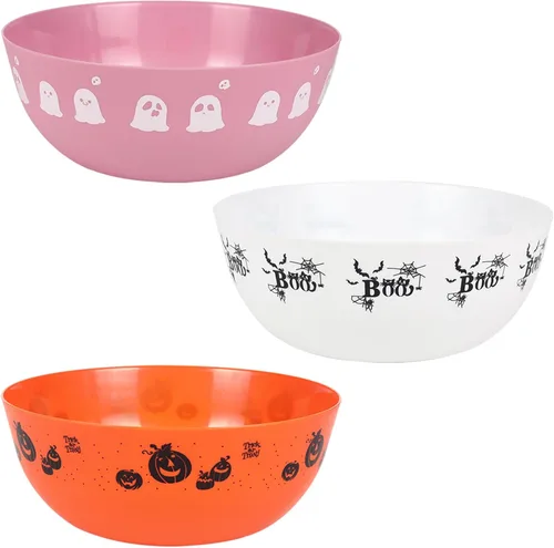 Vista 9 de 3 cuencos de plástico de Halloween para dulces, cuencos reutilizables para Halloween, suministros para fiestas de Halloween (fantasma negro)
