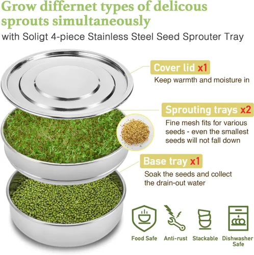 Vista 3 de SOLIGT Kit apilable de germinación de semillas de acero inoxidable, bandejas de germinación de malla de 2 niveles, 1 base y 1 tapa de cubierta