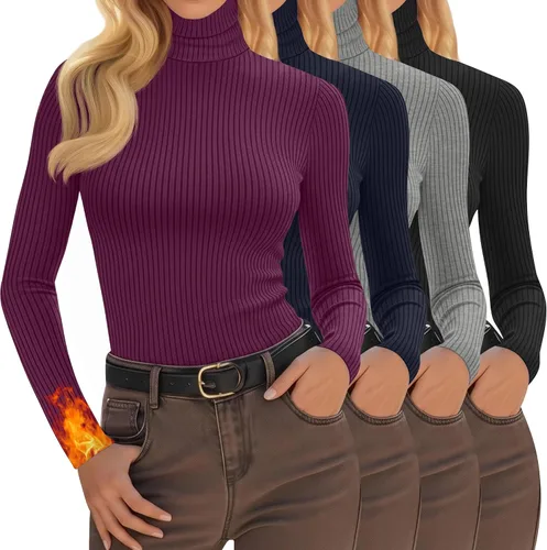 Vista 10 de Oakgarden Paquete de 4 camisetas térmicas de cuello alto para mujer, de manga larga, acanaladas, de algodón, ajustadas, capa base, ropa