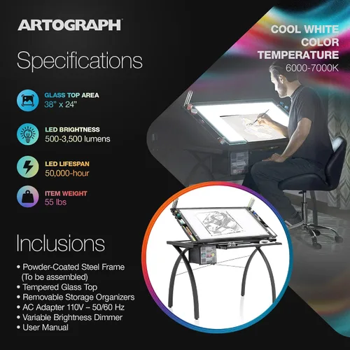 Vista 4 de Artograph Futura - Mesa de luz para artistas, dibujo con luz regulable y parte superior ajustable
