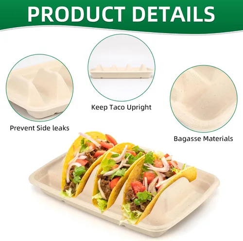 Vista 4 de 25 soportes desechables para tacos para fiestas, platos de taco de fibra de pulpa de bagazo con 3 divisores para reunión, soporte para bandeja