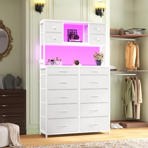 Vista 9 de Cómoda de tela blanca de 62 pulgadas de alto para dormitorio con cajones grandes, cómodas con luces LED y estación de carga, cómoda resistente