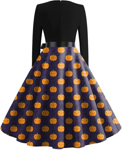Vista 2 de YUTANRAL Vestido sexy de manga larga para mujer, vestido midi acampanado con estampado de miedo, vestido de cóctel con volantes