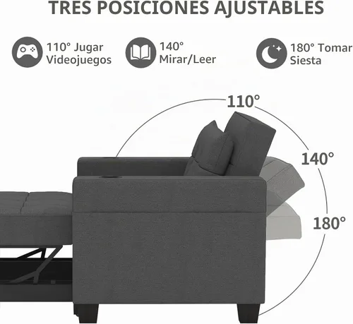 Vista 6 de DURASPACE Silla de dormir de 39 pulgadas, silla convertible 3 en 1, cama, silla de cama extraíble, sillón individual, ajustable con puertos USB