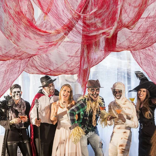Vista 5 de Paquete de 6 paños espeluznantes de 30 x 72 pulgadas, decoraciones espeluznantes de poliéster de Halloween, tela de gasa aterradora, puertas
