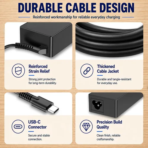 Vista 7 de Cargador USB C para laptop – Cargador USB C de 100 W, carga rápida para Lenovo, ThinkPad, HP, Asus, Acer, MacBook, MSI, Dell Computadora Tablet