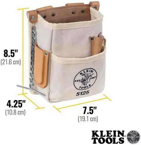 Vista 3 de Klein Tools 5125 - Bolsa de herramientas de lona y cuero con 5 bolsillos con cinta de cadena y conexión de cinturón de túnel