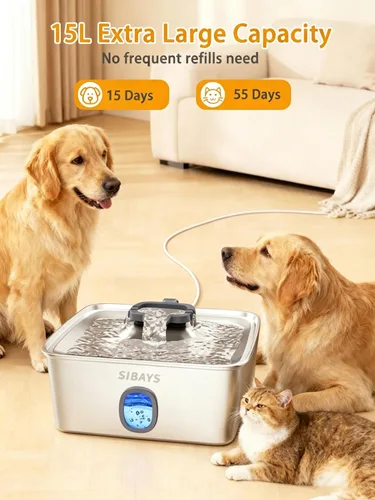 Vista 2 de SIBAYS Fuente de agua para perros grandes de 4 galones/15L, fuente para mascotas de acero inoxidable con ventana para agua y luz LED, dispensador