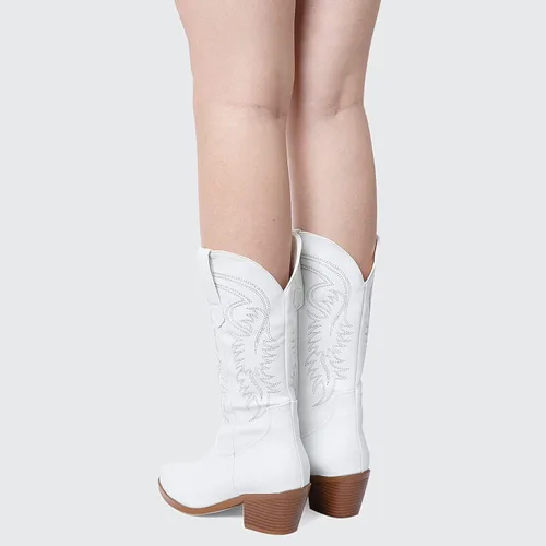 Vista 7 de AMINUGAL Botas vaqueras para mujer, botas vaqueras de media pantorrilla, punta puntiaguda, tacón grueso, bordadas, botas occidentales para mujer