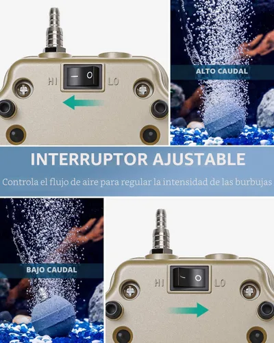 Vista 3 de Pawfly Bomba de aire de acuario de 254 GPH Bomba aireadora de oxígeno silenciosa ajustable con control de flujo de aire multipuerto, divisor