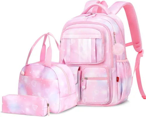 Vista 9 de Tanou Mochila con lonchera para niñas, Rosado, Juego de mochila escolar para niña