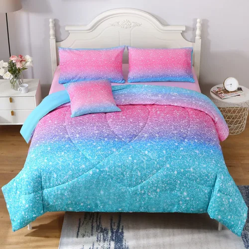 Vista 9 de JQinHome Juego de edredón con purpurina, tamaño individual, juego de ropa de cama en una bolsa de 6 piezas en 3D colorido degradado para niñas