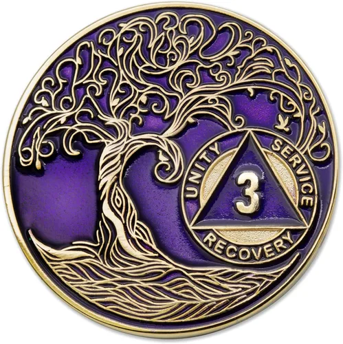 Vista 12 de 1 año Sobriety Mint Twisted Tree of Life Medallón de recuperación AA chapado en oro, chip/ficha - negro