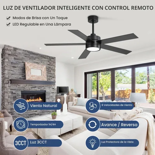 Vista 5 de Ventiladores de techo con luces y control remoto, ventilador de techo industrial de 52 pulgadas con motor de CC reversible, 6 velocidades, luz de 3