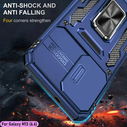 Vista 7 de Funda resistente para Samsung Galaxy M13, protección híbrida de goma de doble capa de grado militar con protector de cámara deslizante, soporte