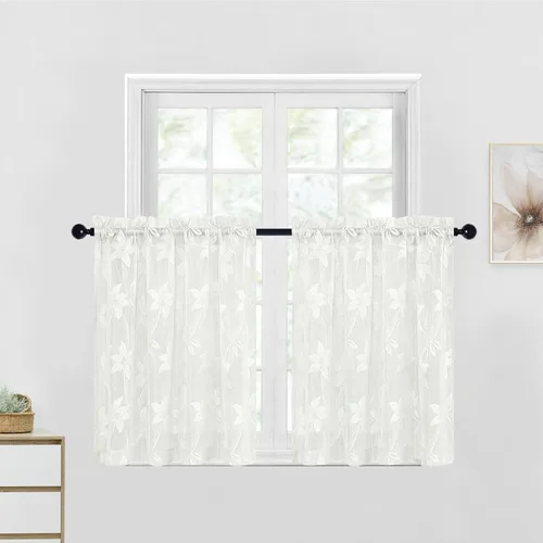 Vista 35 de DWCN Paquete de 2 cortinas traslúcidas pequeñas de encaje floral beige para cocina, cortinas traslúcidas ligeras con bolsillo para barra, cortinas